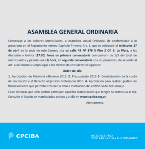 27 DE ABRIL: ASAMBLEA GENERAL ORDINARIA