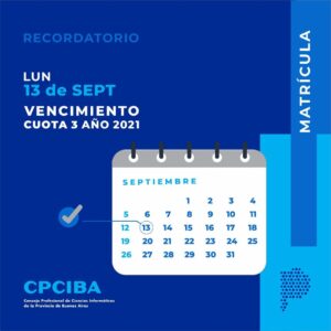 RECORDATORIO VENCIMIENTO 13-09 CUOTA 3 AÑO 2021